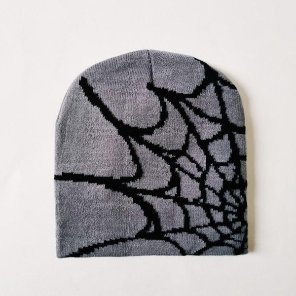 Grey & Black Spider Spiderweb Beanie Hat - Image 3