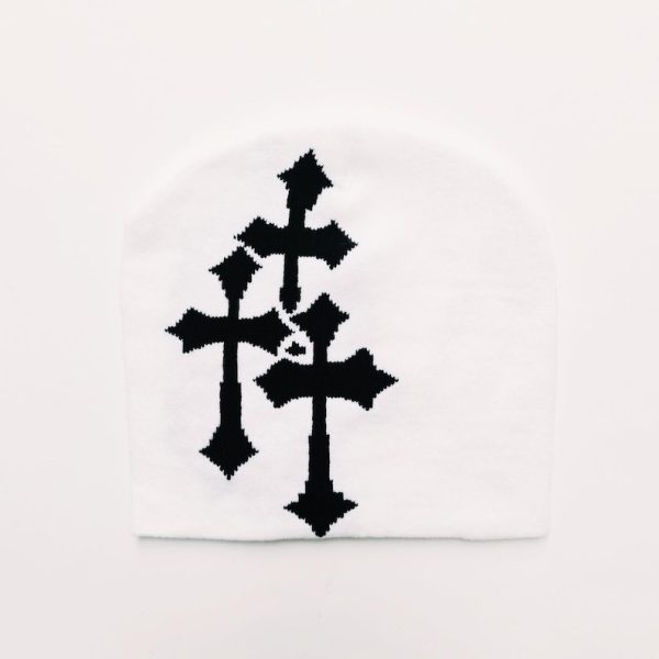 White & Black Crucifix Graphic Beanie Hat