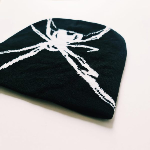 White & Black Spider Graphic Beanie Hat - Image 2